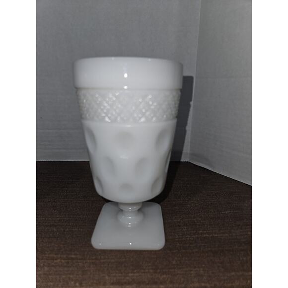 2 Vint Opal McKee Milk Glass Pedestal Stem Goblet Tea Glasses Thumbprint Design - Picture 2 of 5